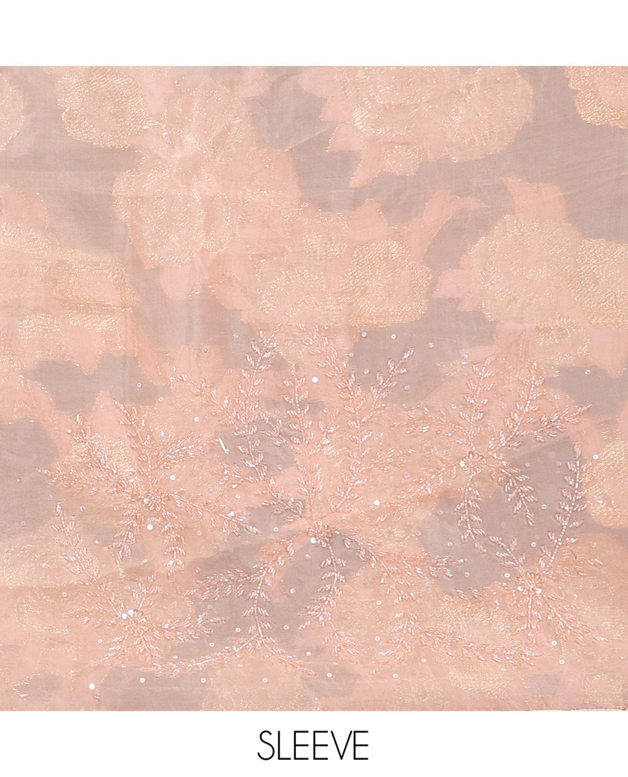 Peach Turkey Organza Saree, Floral Glitterwork, Scallop Border, Embroidered Blouse