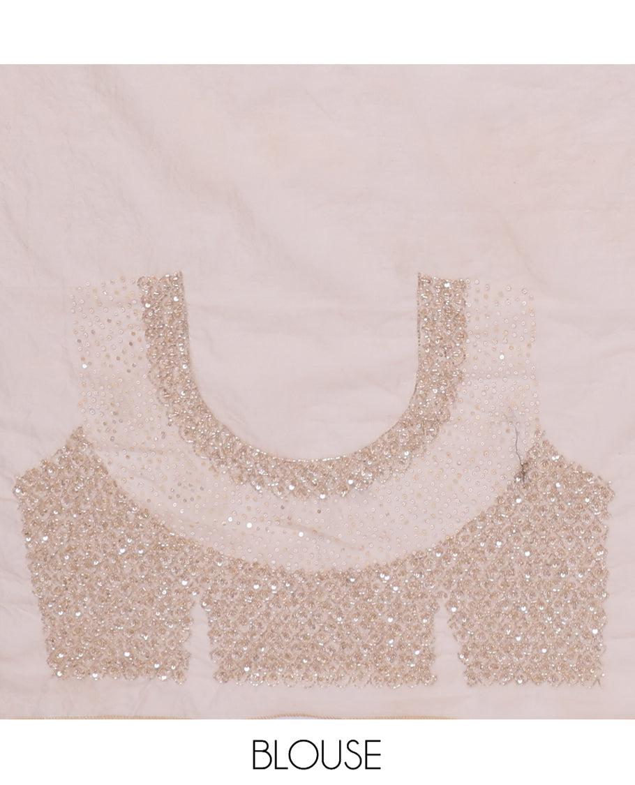 Gold Turkey Organza Saree Features Geometric Glitterwork, Scallop Beadwork Border, Embroidered Blouse