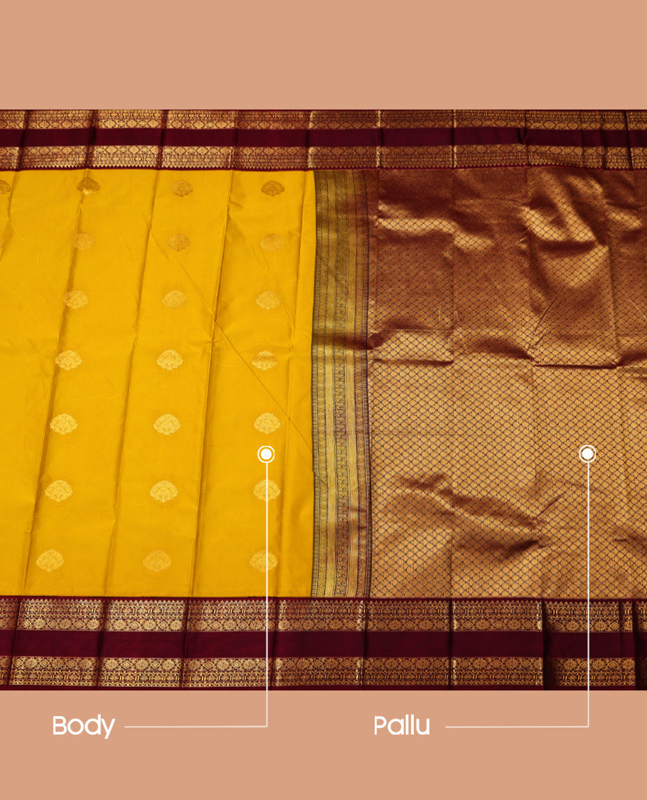 Lemon Yellow-Purple Zari Buttas Budget Silk Saree, a Contrast Traditional Rettai Pettu Border, Grand Pallu, a Contrast Blouse