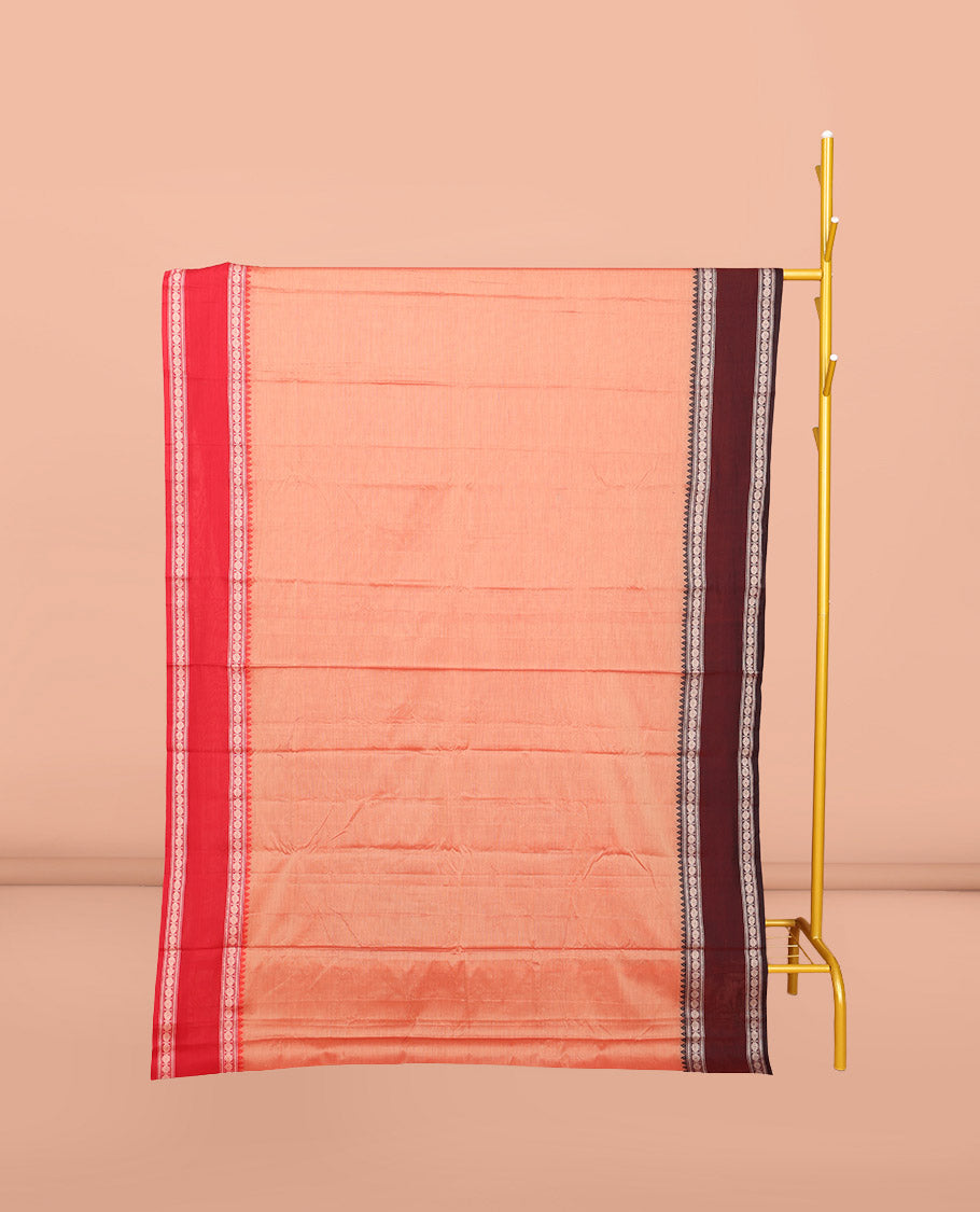 Peach Striped Narayanpet Cotton Saree, Complemented by a Contrast Traditional Design Rettai Pettu Ganga Jamuna Border, Striped Pallu, and Comes Without a Blouse