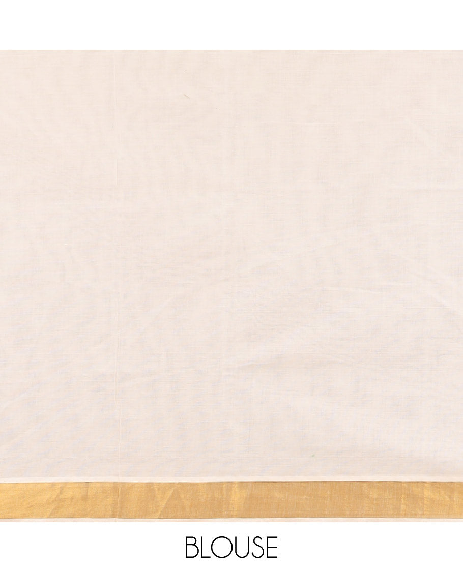 Cream kerala saree with zari stripes, zari border & pallu of floral designs
