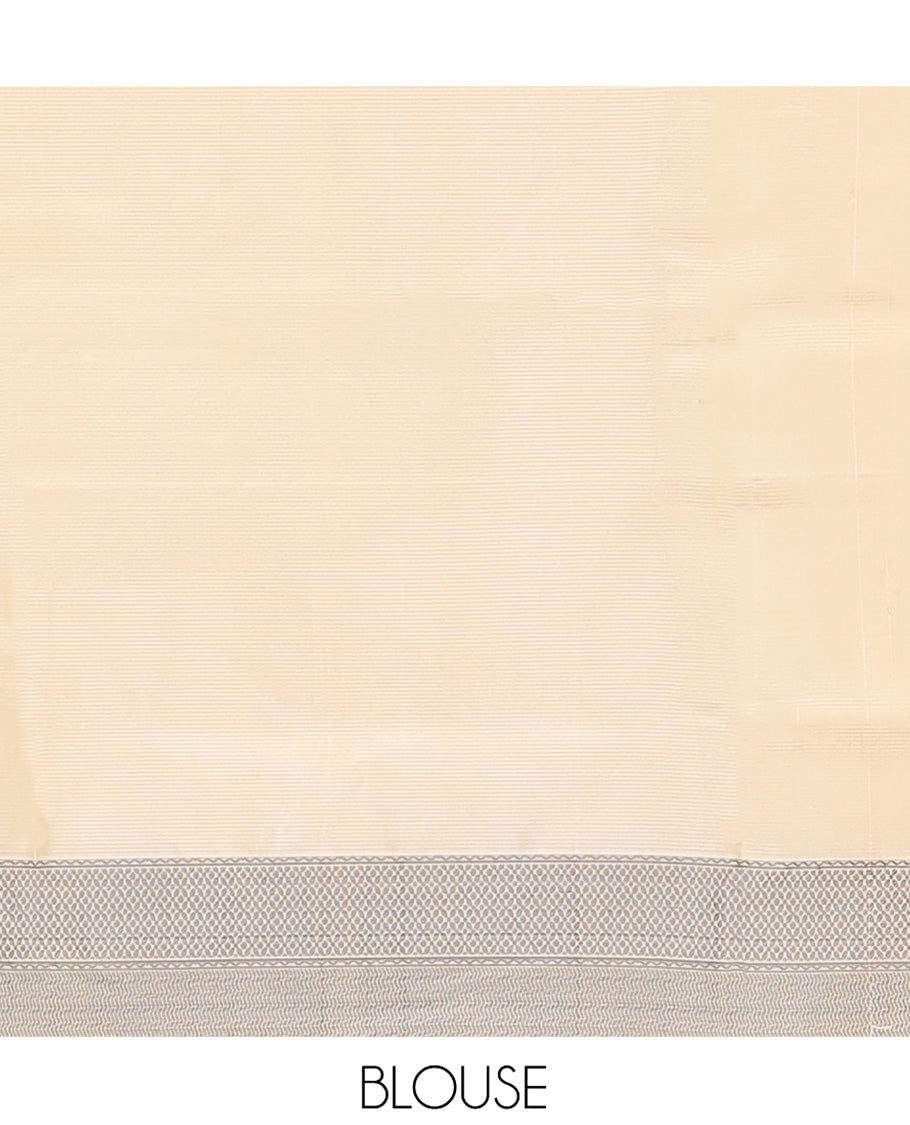 Cream Mayuri Soft Silk Saree, Accentuated with Polka Dot Buttas All Over Its Body, Sparsely Woven Geometric Patterned Border, Pallu Steeped with Floral Designs, and Paired with a Matching Blouse