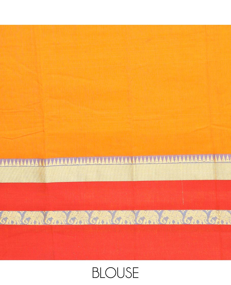 Orange narayanapet cotton saree with contrast temple elephant design border & bhavanji pallu