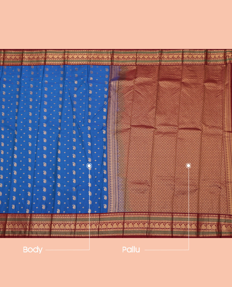 Blue Budget Silk Saree, Bedecked with Zari Buttas All Over Its Body, Complemented by a Contrast Traditional Zari Design Border, Grand Pallu, and Paired with a Contrast Blouse