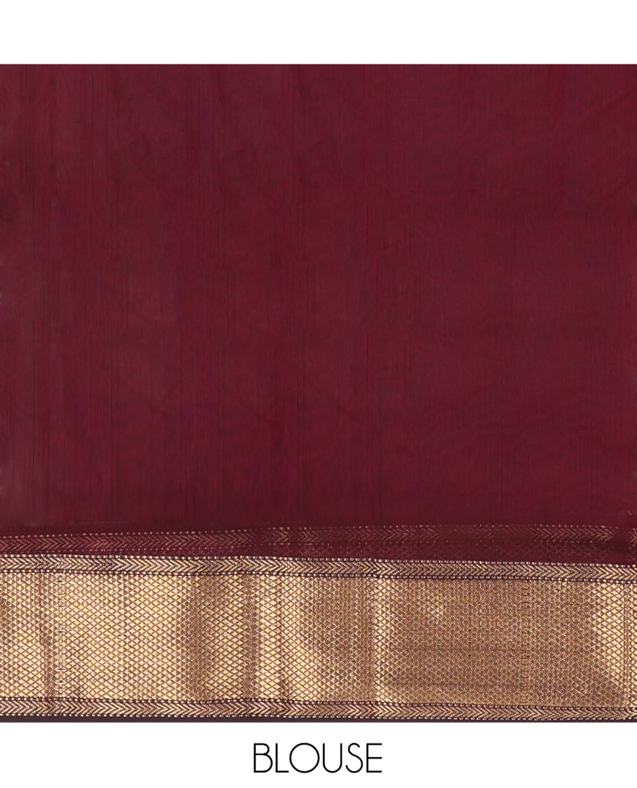 Maroon Maheshwari Cotton Saree, Elevated with Buttas, Highlighted by a Traditional Zari Border, Zari Gleamed Up Pallu, and a Matching Blouse