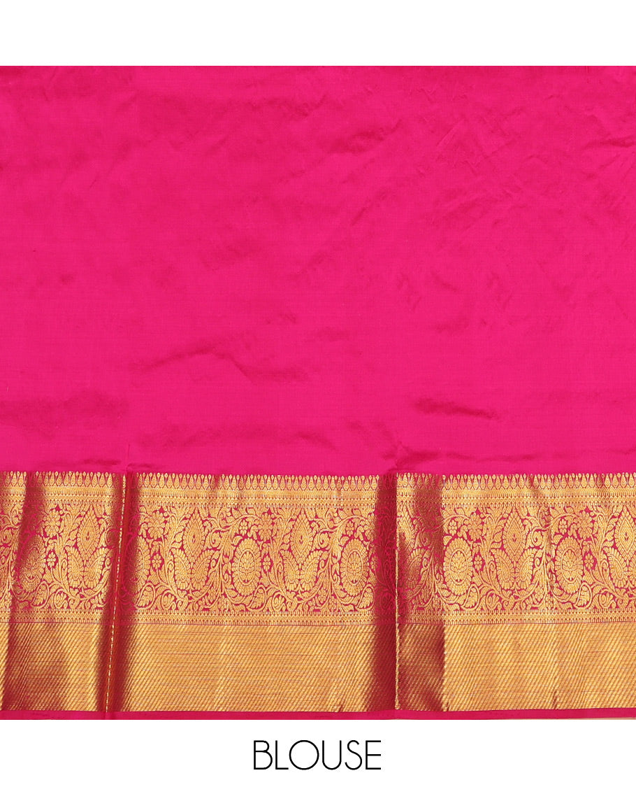 Yellow Pure Silk Pavadai Material, Gleamed Up with Zari Buttas on Its Skirt, a Contrast Traditional Zari Border, and a Contrast Blouse