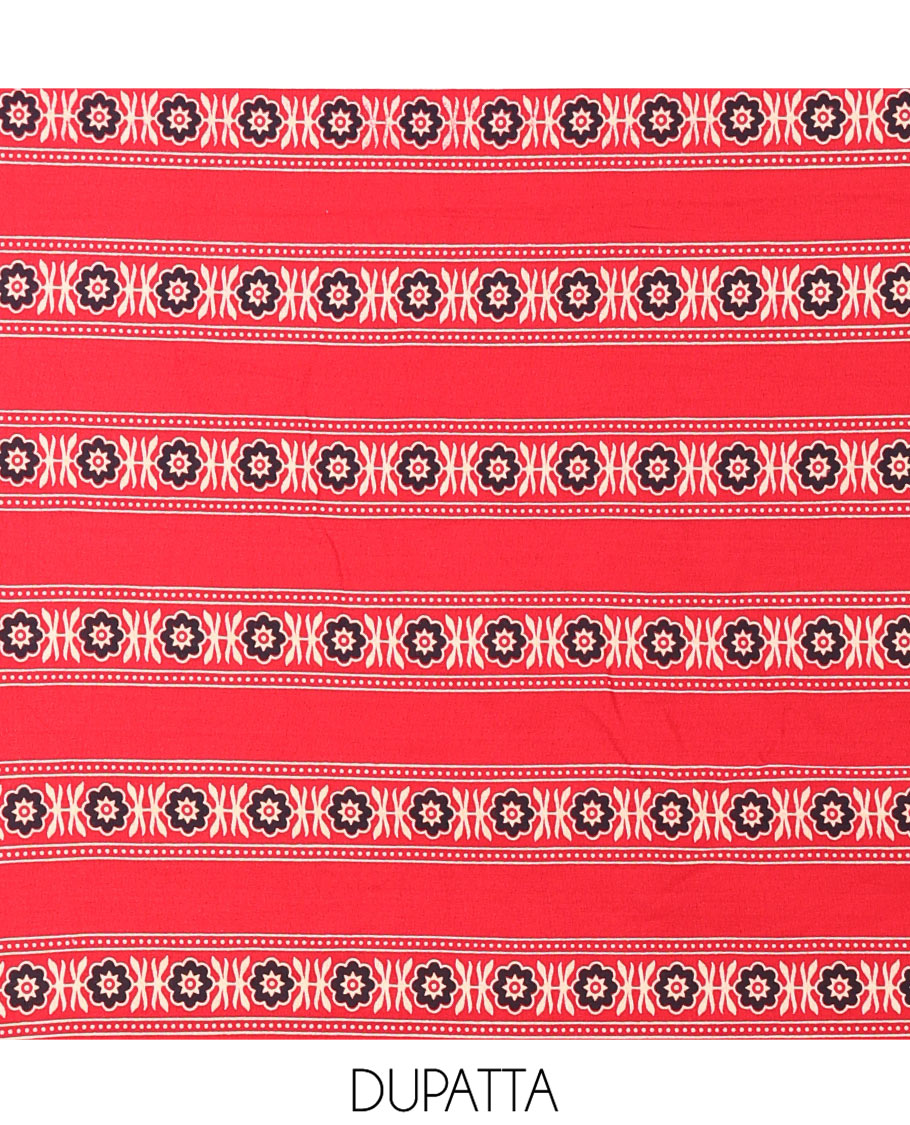 Red Rayon Material Chudidhar Set, Adorned with Ajrakh-Style Floral Printed Top, Elegantly Printed Bottom, and Rayon Dupatta of Ajrakh-Style Floral and Tree Motifs Print