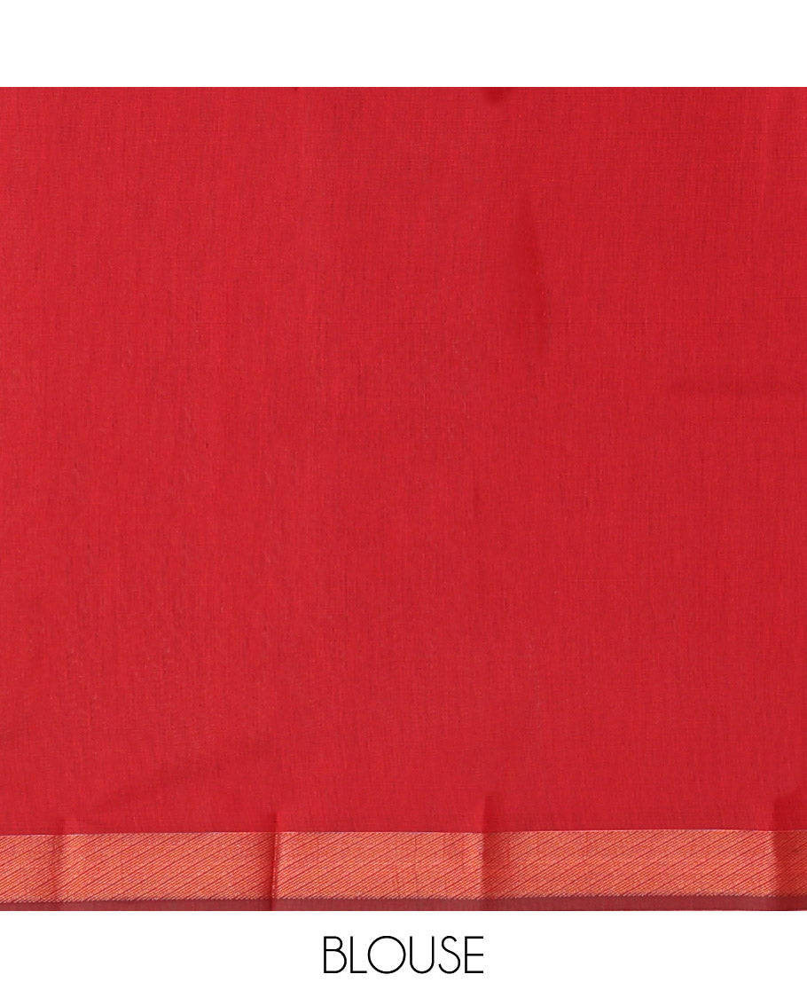 Red Semi-Silk Cotton Saree, Elevated with Paisley Zari Buttas All Over Its Body, Highlighted by a Zari Border, Pallu of Floral and Paisley Design, and Paired with a Matching Blouse