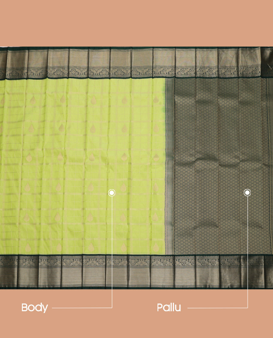 Green Budget Silk Saree, Gleamed Up with Zari Butta and Checks, Complemented by a Contrast Traditional Zari Border, Grand Pallu, and Contrast Blouse