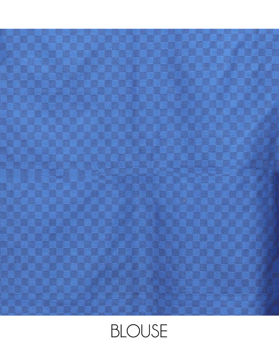 Brown Poly Cotton Saree, Bedecked with Checked Design on Its Body, Highlighted by a Traditional Zari Peacock-Eye Border, Complemented by Contrast Striped Pallu, and Paired with a Contrast Blouse