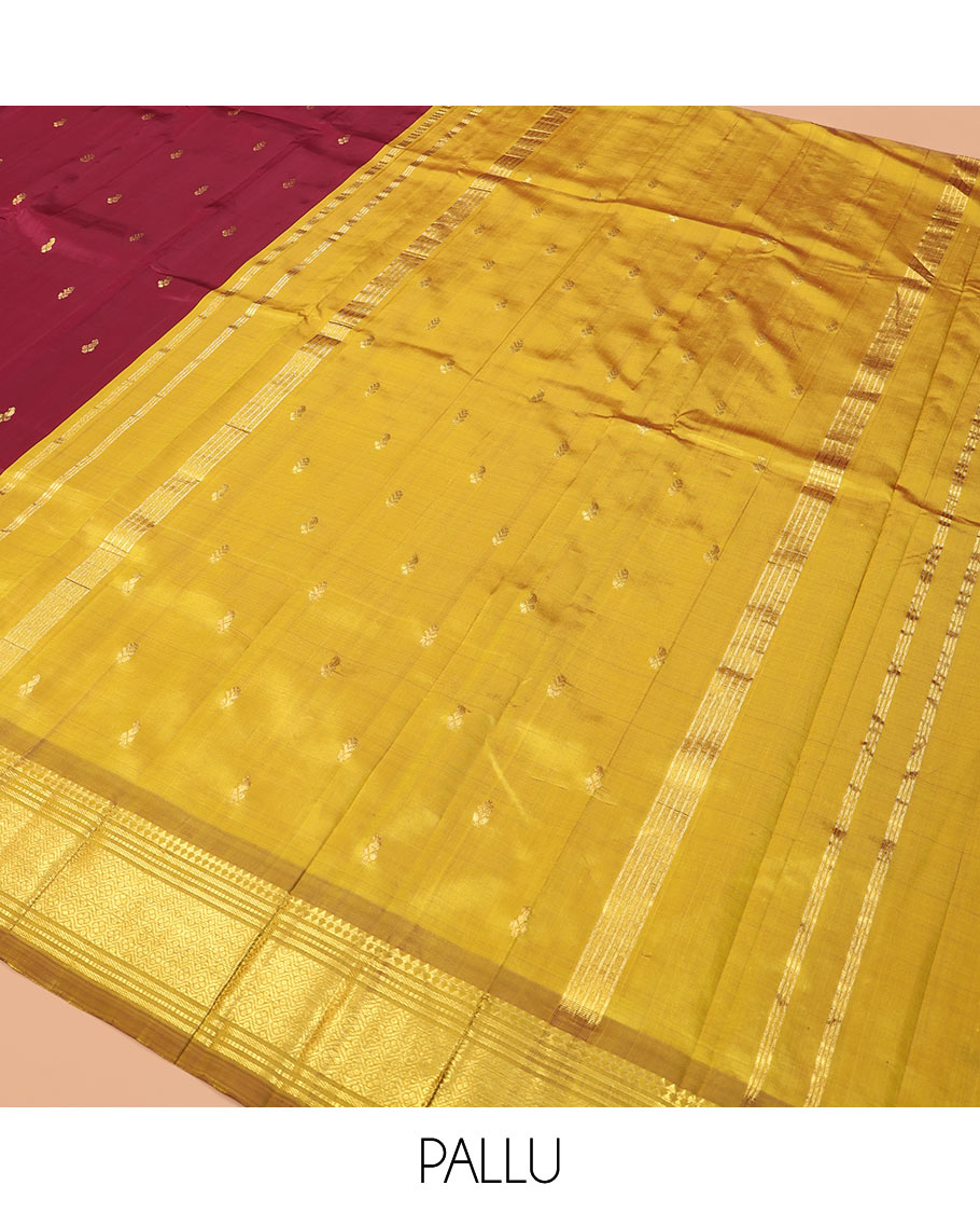 Maroon Kanchipuram Silk Saree, Graced with Zari Buttas, Highlighted by a One-Sided Zari Border of Panner Sombu, Banaras, Muthu, and Jaal Designs, Contrast Grand Pallu, and a No Blouse