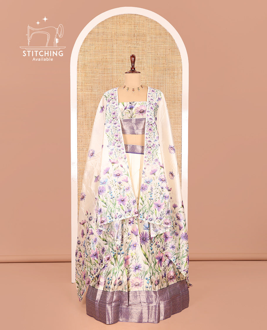 Cream-Violet Semi-Silk Half-Saree Features Floral Printed Skirt, Contrast Border, Matching Blouse, Floral Printed Dhavani