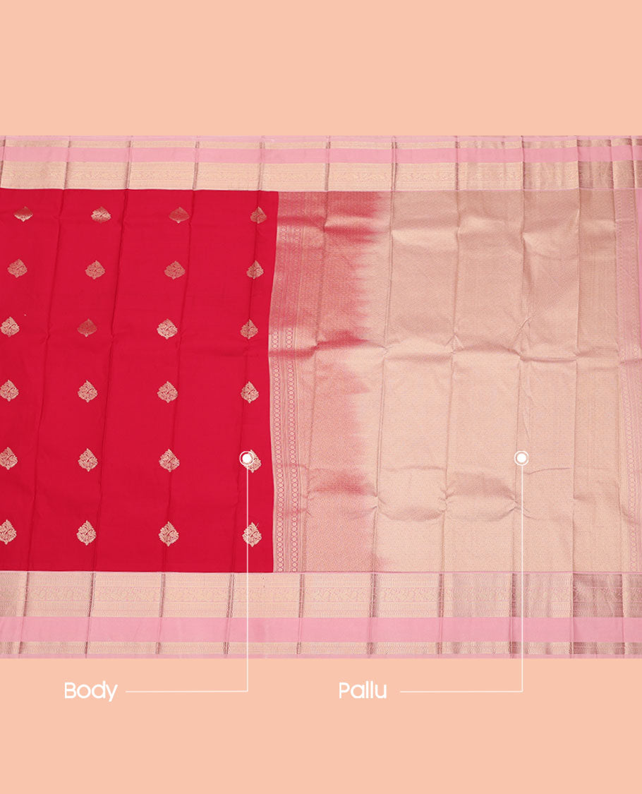 Red Budget Silk Saree, Elevated with Zari Buttas, Complemented by Contrast Traditional Design Rettai Pettu Border, Zari Woven Pallu, and a Contrast Blouse