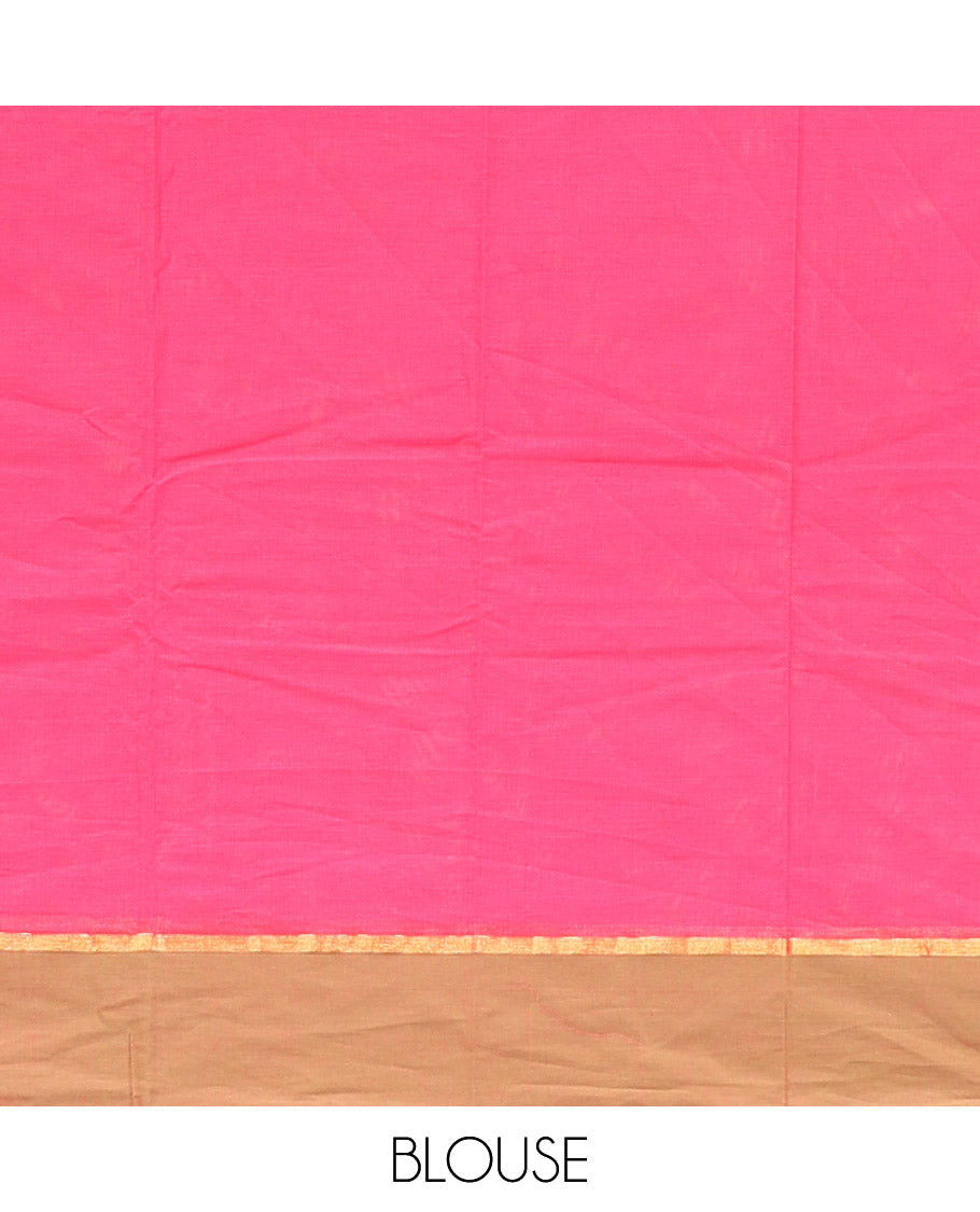 Pink Kanchi Cotton Saree, Detailed with Buttas All Over Its Body, Complemented by Contrast Border, Intricately Thread-Designed Pallu, and Paired with a Matching Blouse
