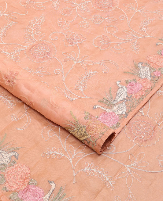 Orange floral thread embroidery organza saree with self floral, bird embroidery border