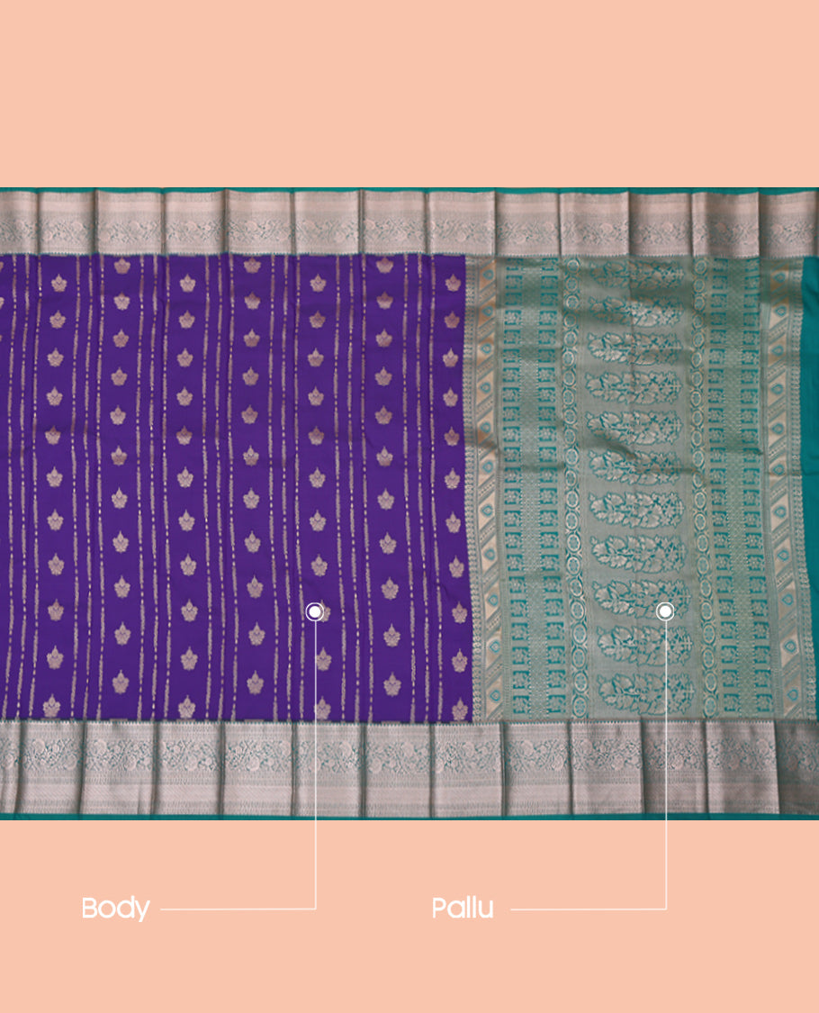 Violet Budget Silk Saree, Enriched with Zari Designs, Complemented by a Contrast Traditional Zari Border, Floral Pallu, and a Contrast Blouse