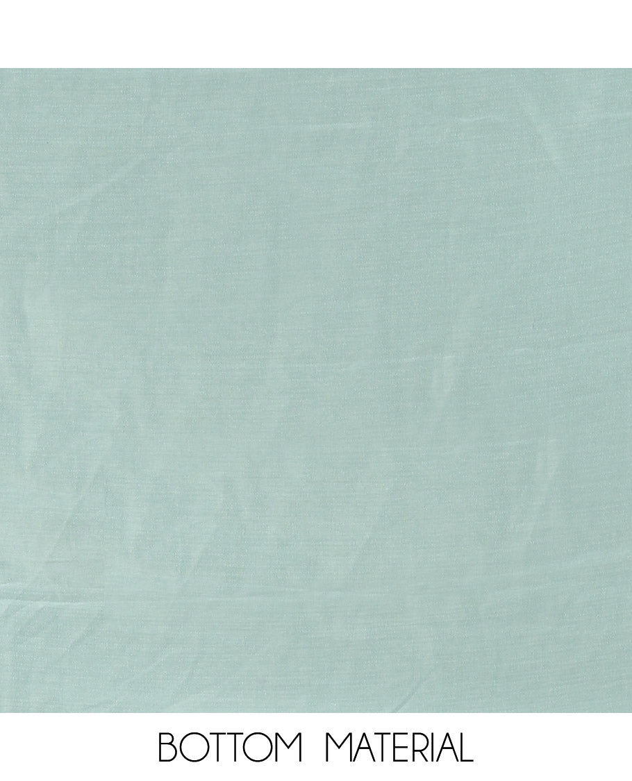 Green Material Chudidar Set Adorned with Embroidered Organza Chiffon Top, Subtly Made Plain Santoon Bottom, and a Organza Dupatta Featuring Floral Jaal Embroidery