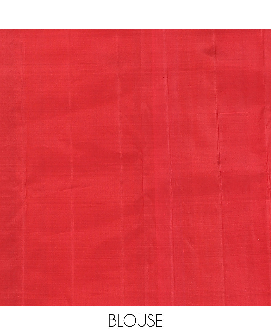 Orange Kanchipuram Silk Saree, Embellished with Zari Buttas, Complemented by a Contrast Mayil Border, Floral Design Pallu, and a Contrast Blouse