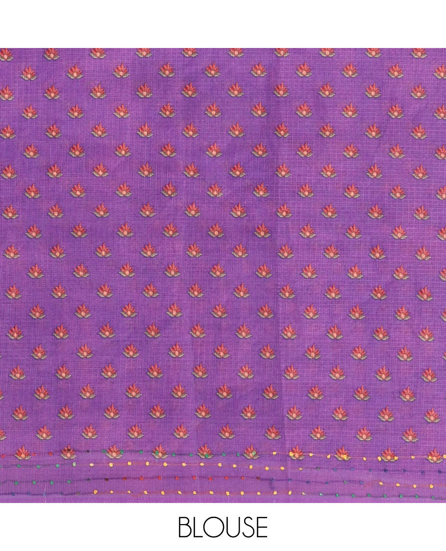 Borderless purple kalamkari floral vine printed with French knot and kanta embroidered kotta silk saree, printed and French knot embroidered matching blouse
