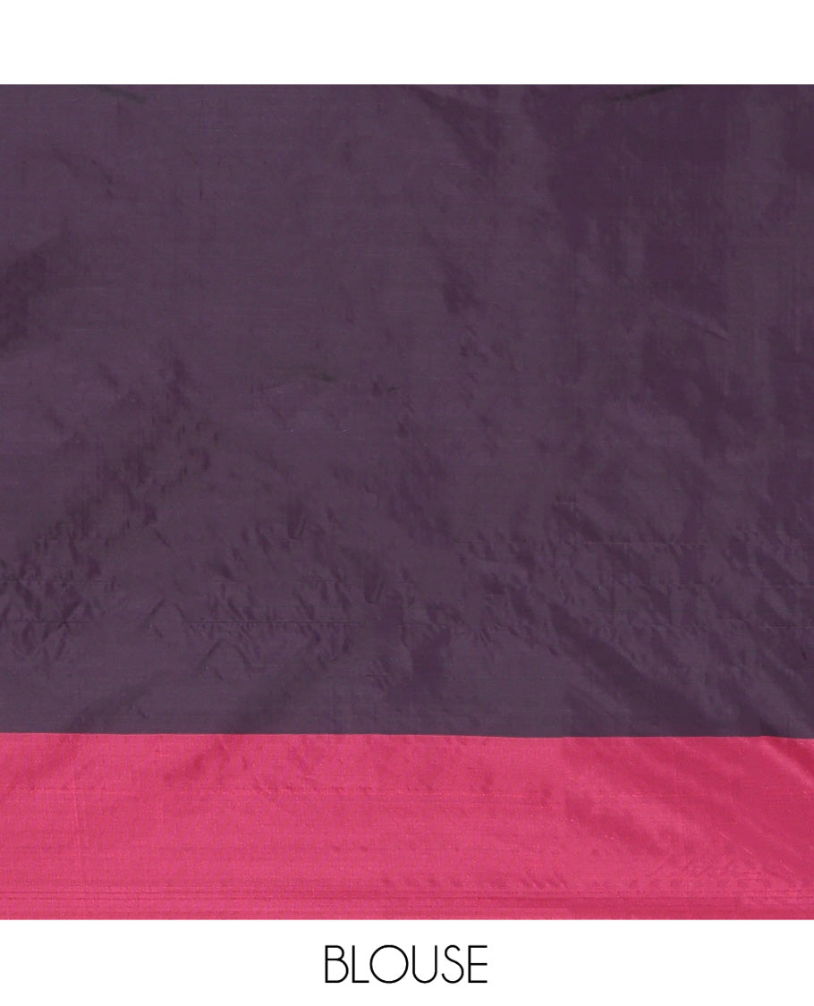Purple Aarani Gift Saree, Elevated with Zari Stripes on Its Body, Complemented by a Contrast Checked Border, Pallu of Stripes, and Paired with a Matching Blouse