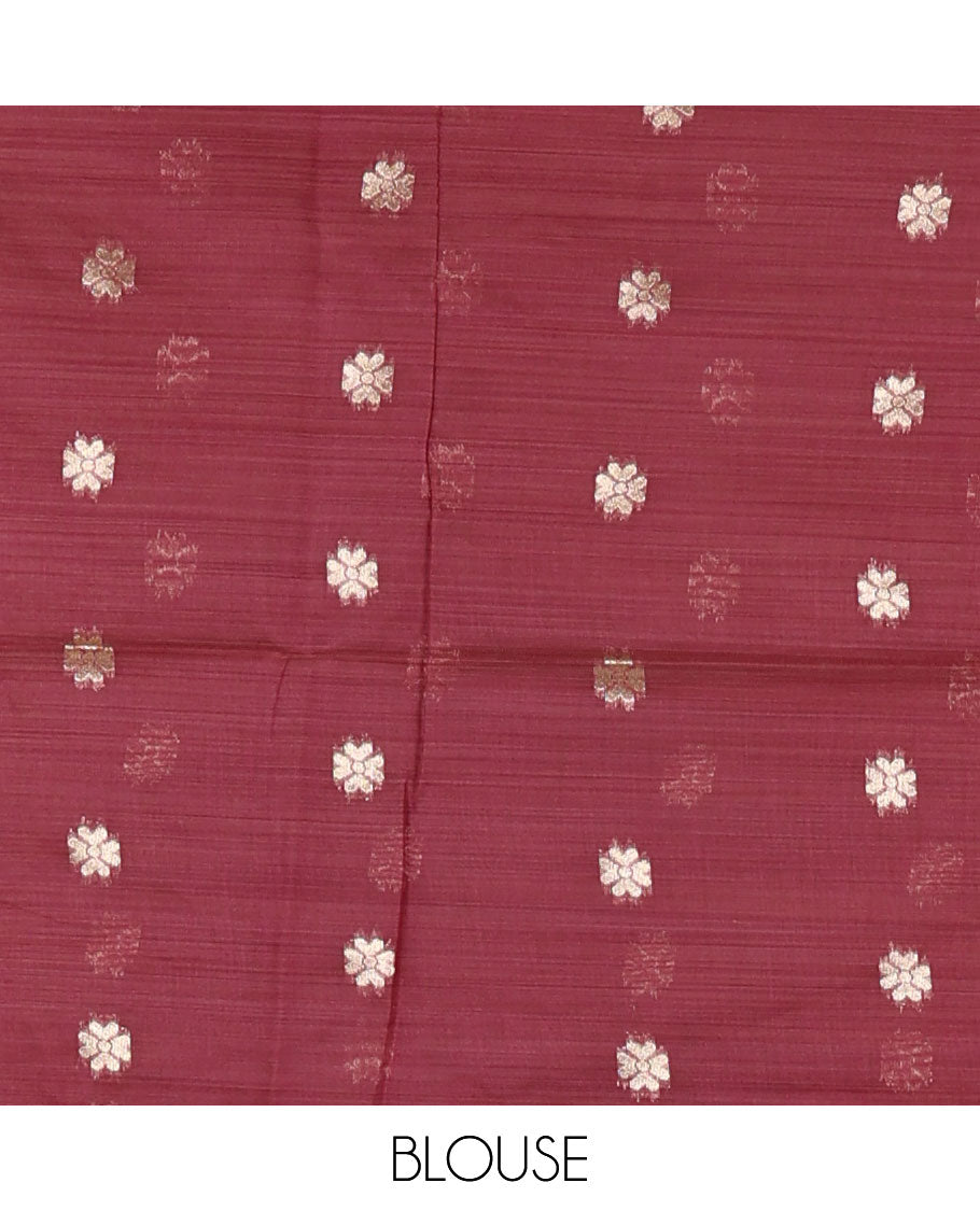 Pink resham thread buttas Munga cotton saree, jamdani floral creeper border, jamdani floral pallu, and contrast floral zari buttas blouse