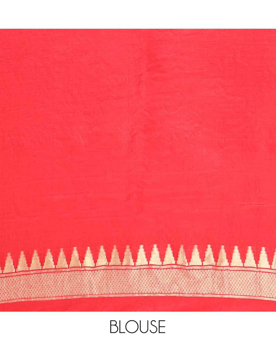 Red HO-Silk Saree, Elevated with Diamond Buttas All Over Its Body, Highlighted by Temple Border, Complemented by Pallu Depicting Floral and Crane Motifs, Paired with a Matching Blouse