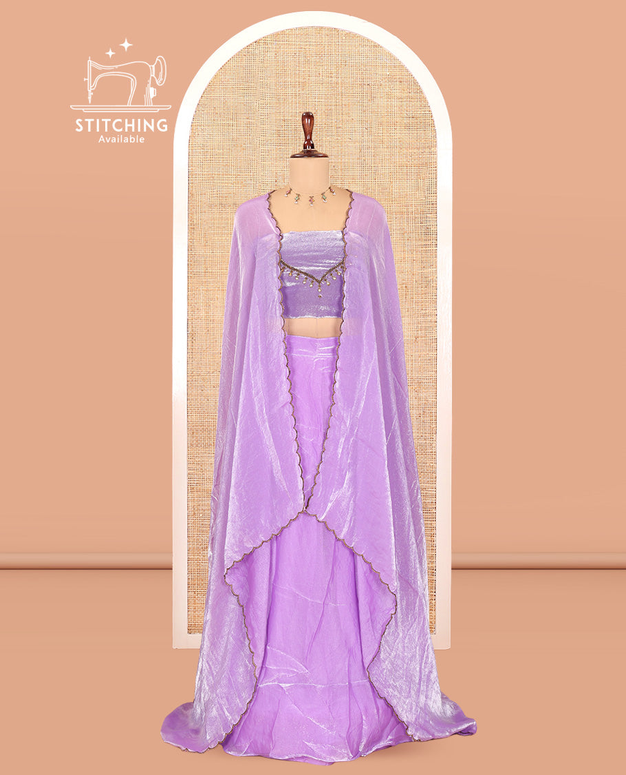 Lavender Fendi Organza Half-Saree, Plain Skirt, Matching Embroidered Blouse, Matching Scallop Dhavani