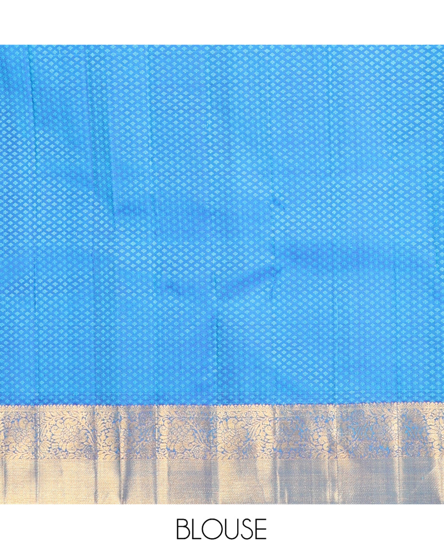 Blue Embossed Parambara Silk Saree, Elevated with Zari Buttas, a Contrast Border of Kodi Visiry Designs, Pallu of Scallop Design, and Contrast Blouse
