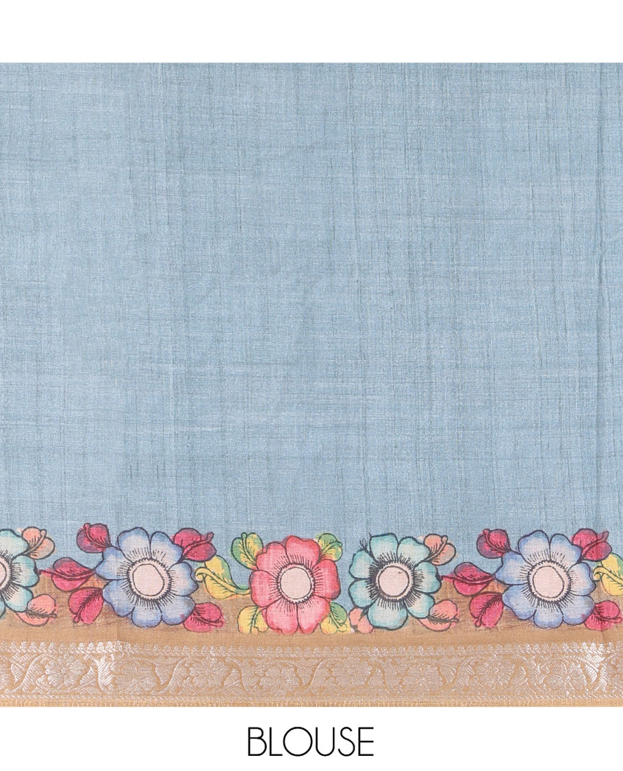 Grey Kalamkari Printed Fancy Tussar Saree