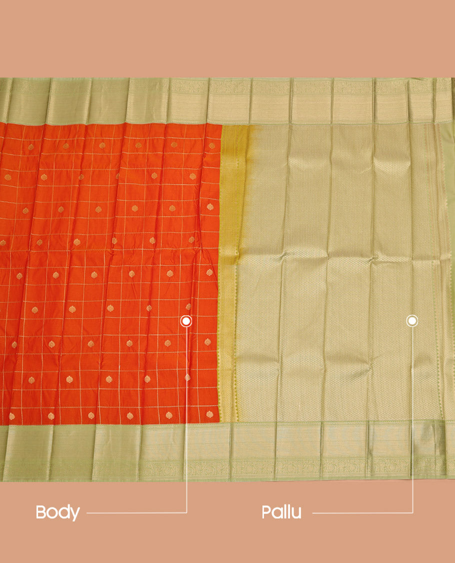 Orange Budget Silk Saree, Richly Detailed with Zari Buttas All Over Its Body, Complemented by a Contrast Traditional Zari Border of Floral Creeper Designs, Jaal Pallu, and Paired with a Contrast Blouse
