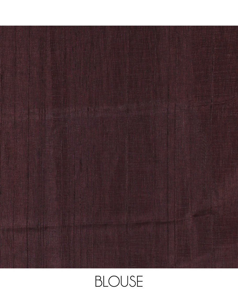 Wine shibori printed jute cotton saree, contrast plain border, plain pallu with tussels, and contrast plain blouse