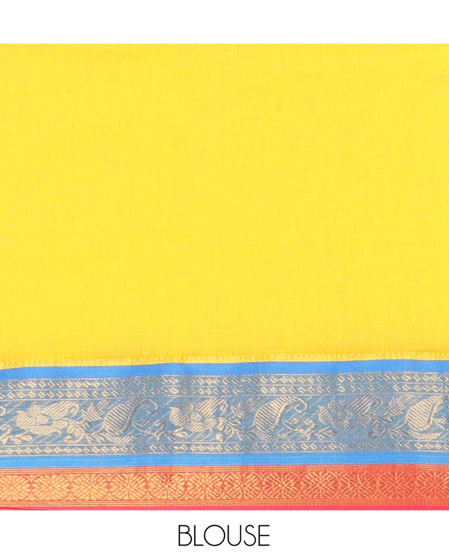 Yellow Plain Khadi Mul Cotton Saree, Complemented by a Contrast Traditional Zari Border, Plain Pallu, and No Blouse