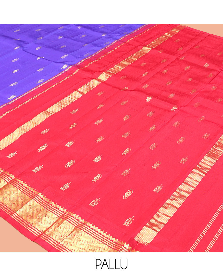 Violet Kanchipuram Silk Saree, Woven with Zari Buttas, a Contrast One-Sided Korvai Border of Salngai, Banaras, Muthu, and Geometric Designs, Zari Design Pallu, and No Blouse