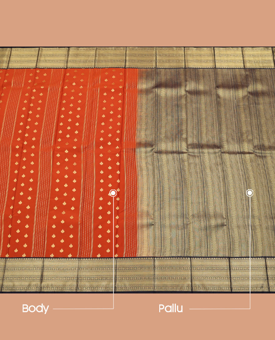 Rust Budget Silk Saree, Mesmerized with Buttas and Stripes on Its Body, Complemented by a Contrast Traditional Zari Design Border, Geometric-Patterned Pallu, and Paired with a Contrast Blouse