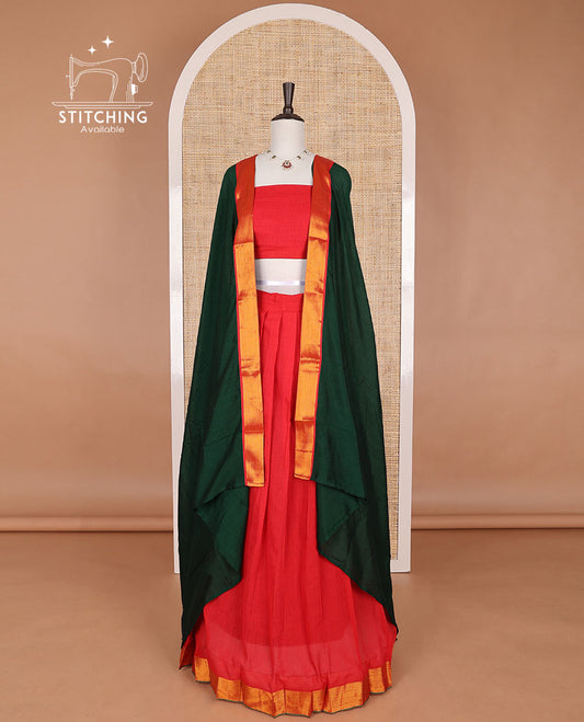 Orange mercerised cotton daman zari border half saree with cotton blouse &  georgette one side zari border