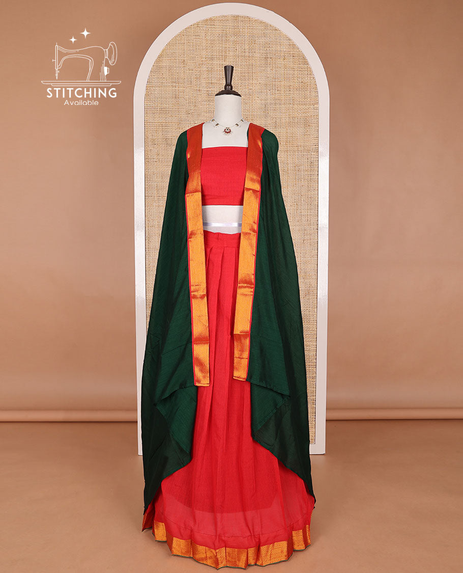 Orange mercerised cotton daman zari border half saree with cotton blouse & georgette one side zari border