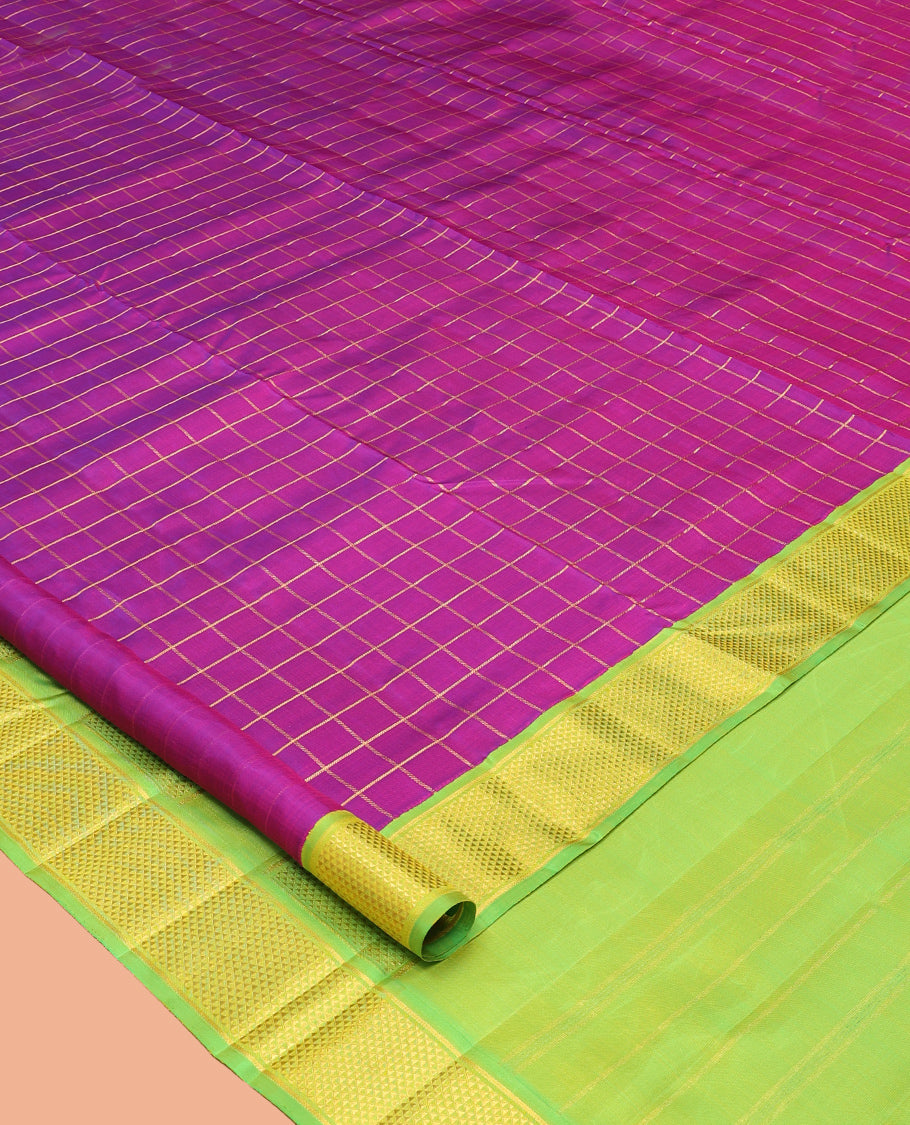Purple Zari-Checked Nine-Yard Silk Saree, Complemented by a Contrast Korvai Ara Maadam Border, Striped Pallu, and No Blouse