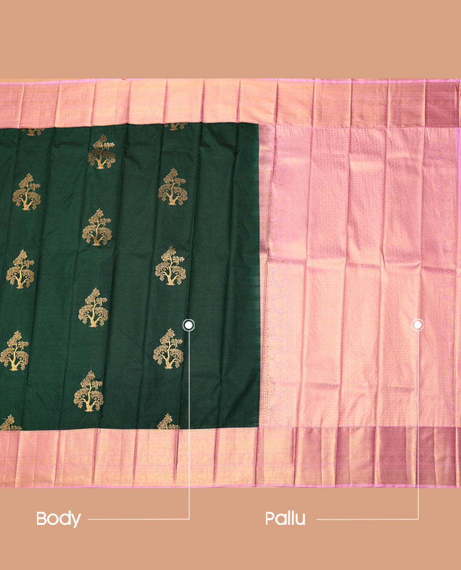 Green Budget Silk Saree, Woven with Zari Buttas, Complemented by a Contrast Traditional Zari Border, Grand Pallu, and a Contrast Blouse