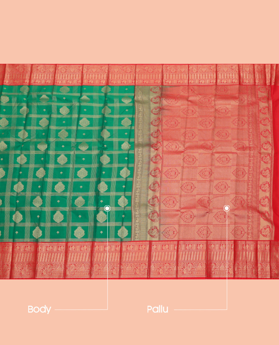 Green Budget Silk Saree, Elegantly Highlighted with Zari Butta Enclosed Checks, Complemented by Contrast Traditional Zari Border, Intricate Pallu, and a Contrast Blouse