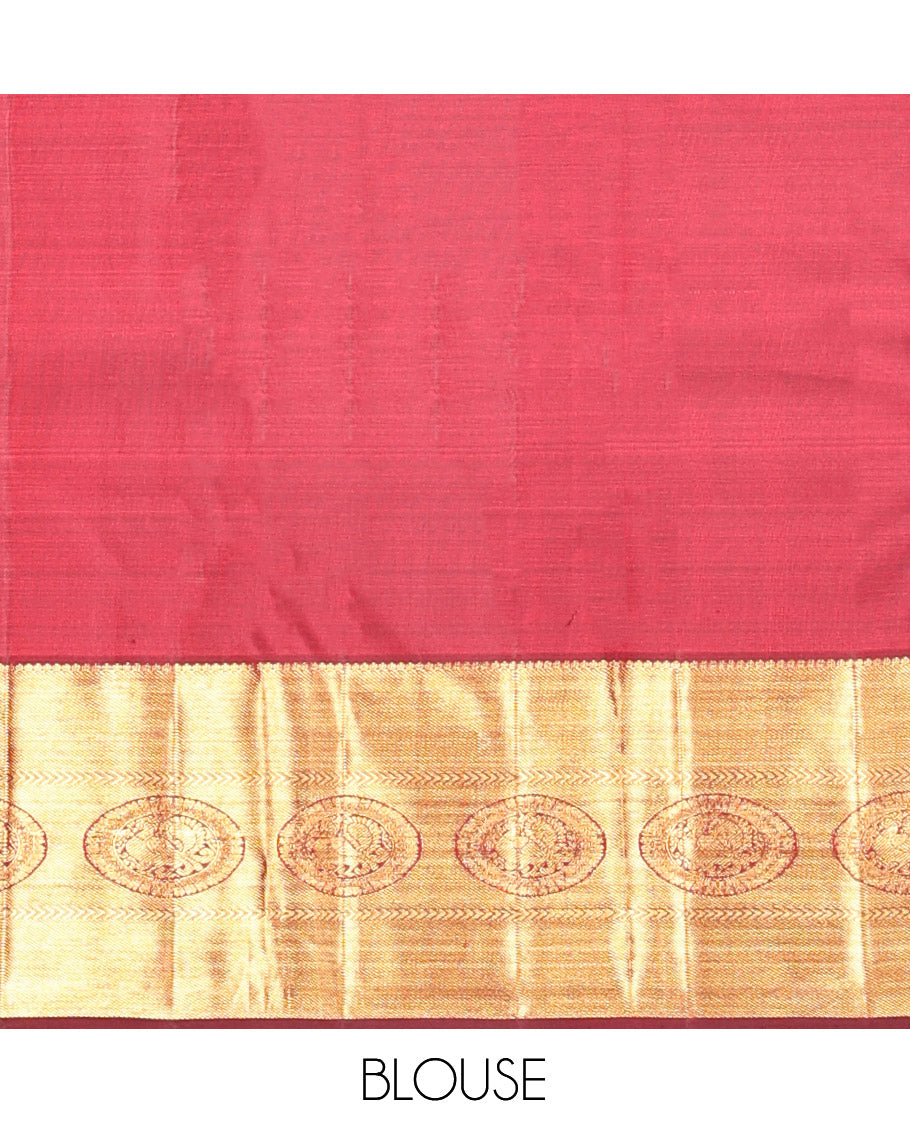 Maroon Kanchipuram Wedding Silk Saree, Decorated with Jacquard Design, Zari Border of Poo Chakram Designs, Grand Pallu, and a Matching Blouse
