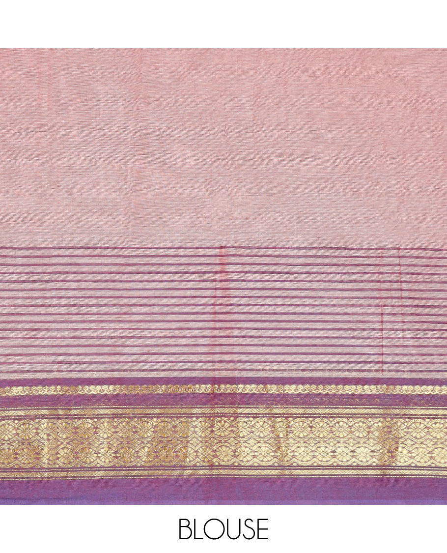 Light red striped kanchi cotton saree with contrast intricate zari design border & striped pallu