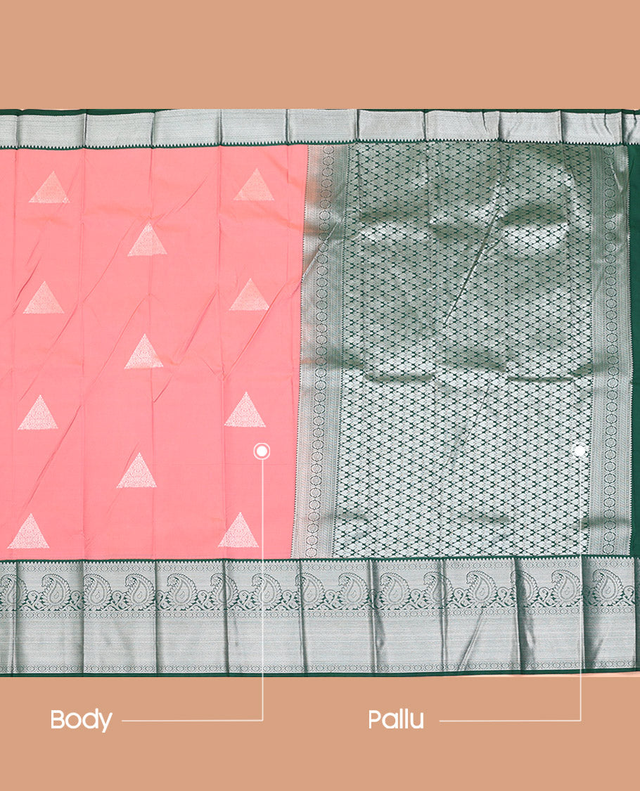 Peach Budget Silk Saree, Elevated with Zari Buttas on Its Body, Complemented by a Contrast Traditional Zari Border of Paisley Designs, Grand Jaal Pallu, and Paired with a Contrast Blouse