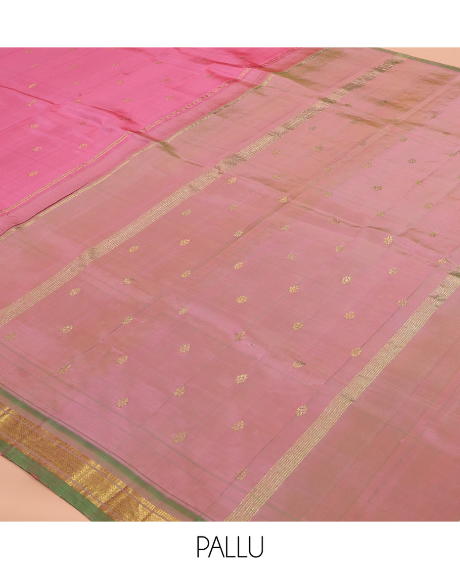 Pink Kanchipuram Silk Saree, Woven with Zari Buttas, a Contrast Jaal Zari One-sided Border, Zari Woven Pallu, and No Blouse