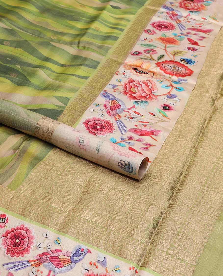Green motifs, abstract design tussar saree with contrast floral design border & checked design pallu