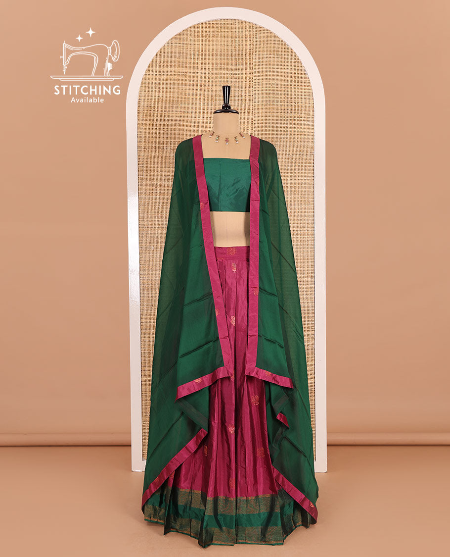 Pink and green half-saree, peacock butta with contrast bordered taffeta silk skirt, a plain blouse, and a contrast bordered syska georgette dhavani