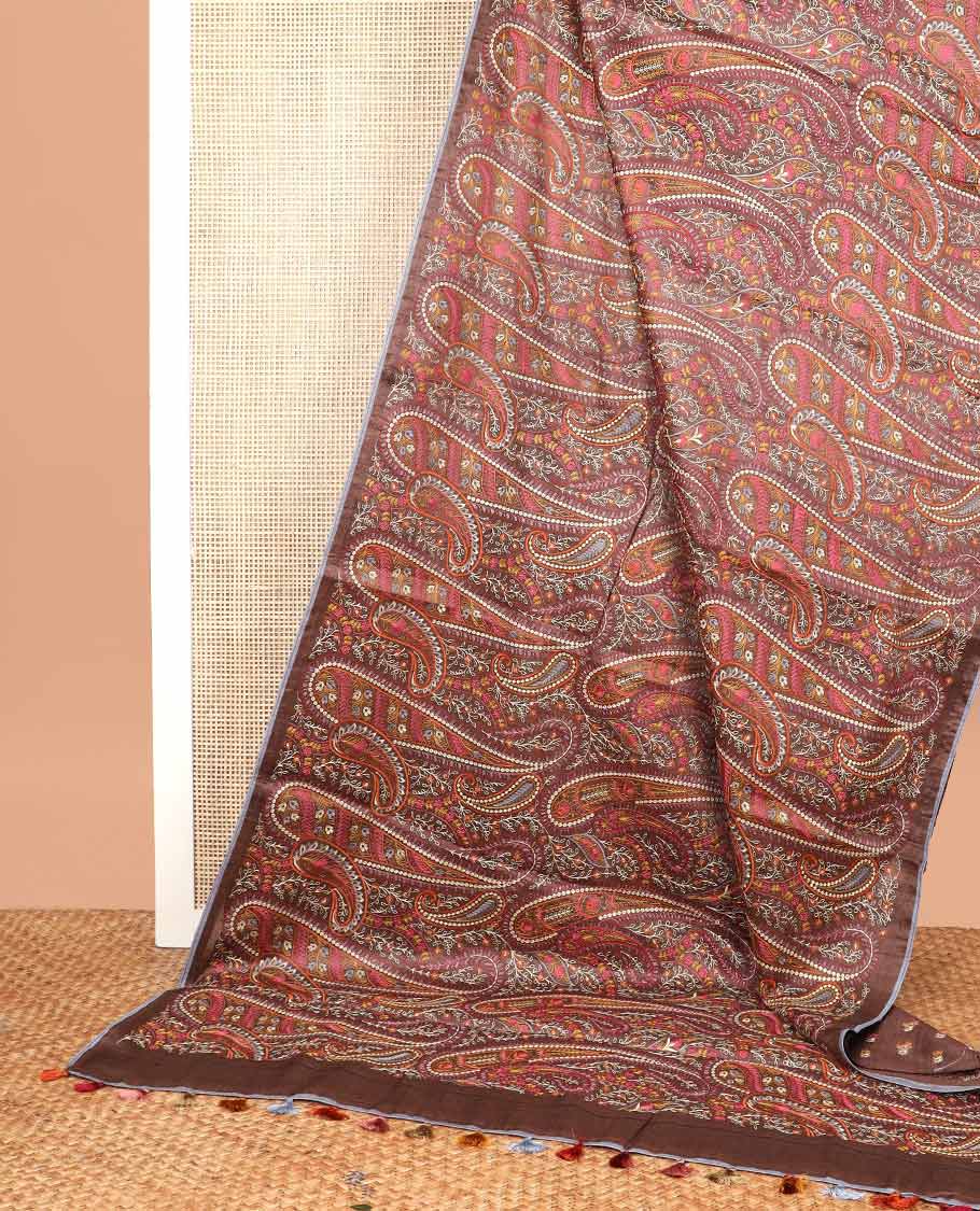 Brown paisley thread embroidery tussar silk saree with self plain border