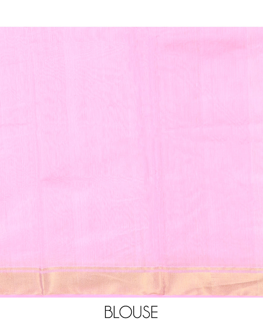 Pink Chanderi Cotton Saree, Decked Up with Zari Buttas All Over Its Body, Highlighted by a Zari Border, Pallu of Zari Stripes and Floral Buttas, and Paired with a Matching Blouse