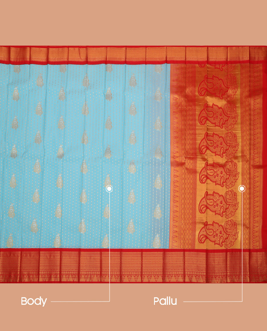 Blue Budget Silk saree, Adorned with Zari Buttas All Over Its Body, Complemented by Contrast Traditional Zari Designs Woven Border, Grand Pallu and Paired with a Contrast Blouse