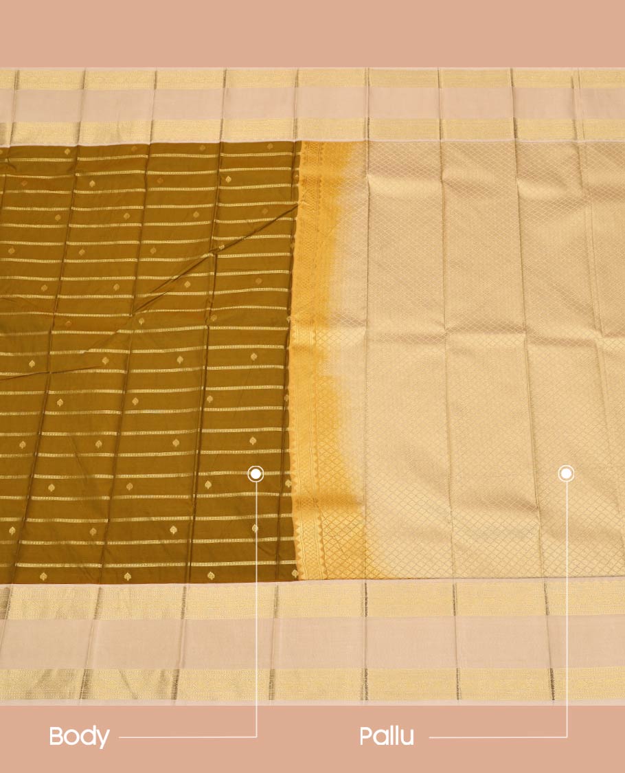 Green Budget Silk Saree, Detailed with Zari Buttas and Stripes All Over Its Body, Complemented by a Contrast Zari Border of Traditional Designs, Pallu of Subtle Jaal Design, and Paired with a Contrast Blouse