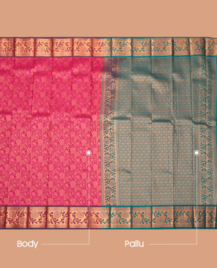Pink Budget Silk Saree, Entralled with Floral Jaal Jacquard, Contrast Floral Creeper Border, Grand Pallu and a Contrast Blouse